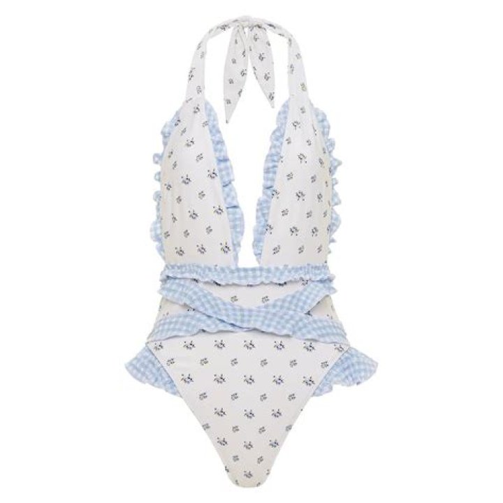 Ireland Baldwin Is Retro Chic In Blue Gingham Montce Two Piece Bathing Suit