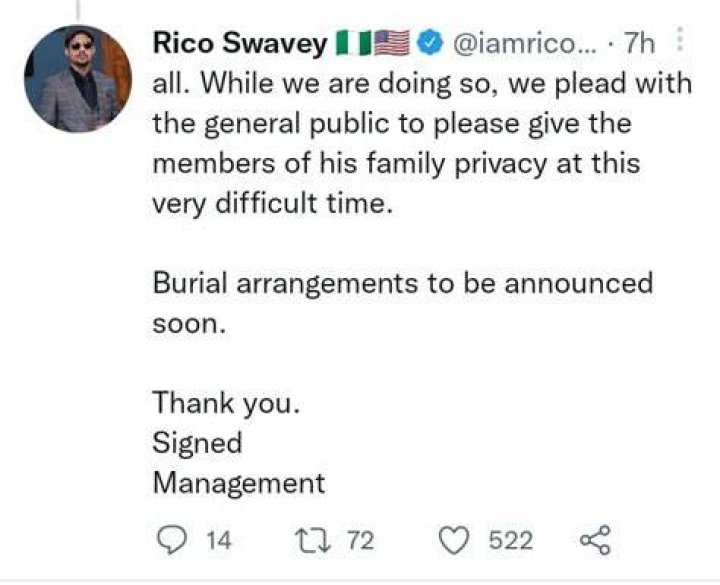 
“There are numerous narratives on social media.” Rico Swavey’s management speaks out and provides an update on his burial plans. 