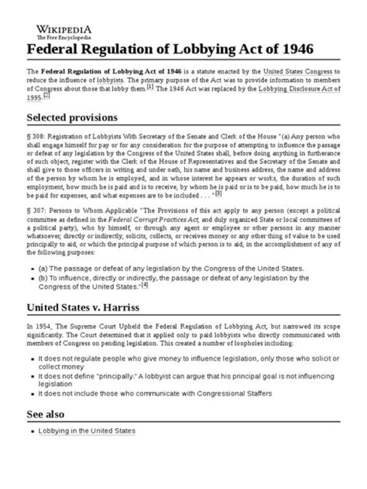 What was the effect of federal regulation of lobbying act
